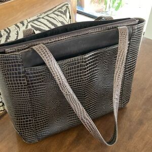 Levenger Brown Crocodile-Embossed Tote Bag with Structured Design